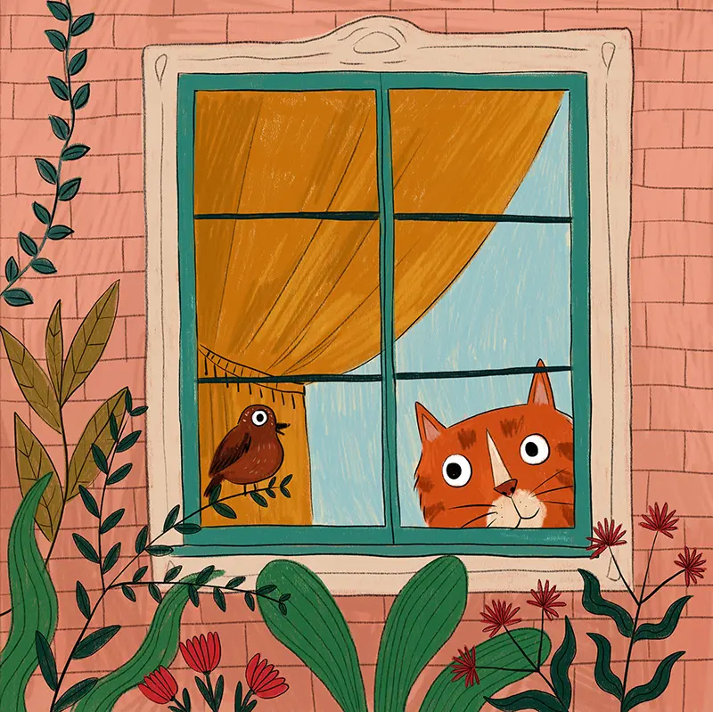 Digital illustration for a children’s picture book of an orange cat watching a bird through the window.